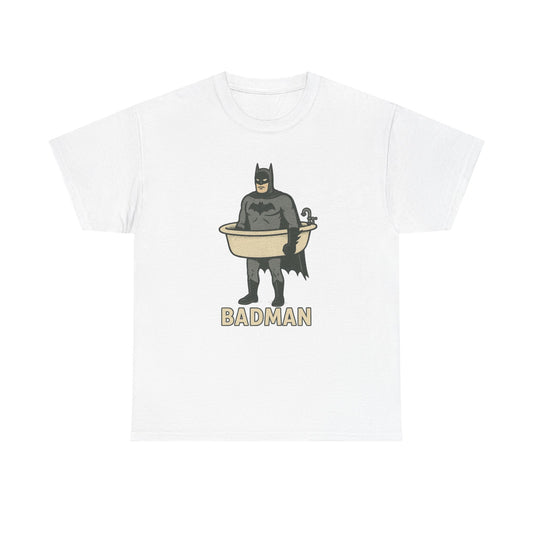 Funny Badman Bathtub Tee, Unisex Cotton Shirt, Gift for Superhero Fans, Humor Apparel, Quirky Graphic Tee