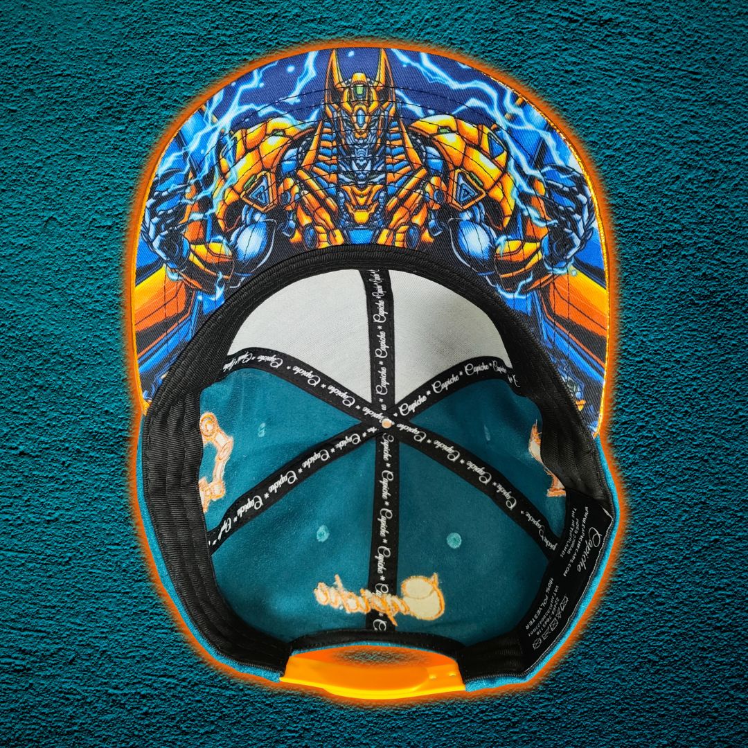 Robot Anubis 2.0 Snapback - Teal Blue Suede/Orange Crackling Metallic