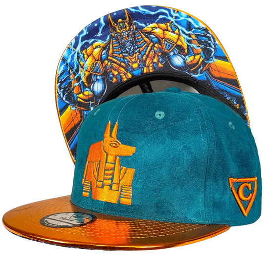 Robot Anubis 2.0 Snapback - Teal Blue Suede/Orange Crackling Metallic