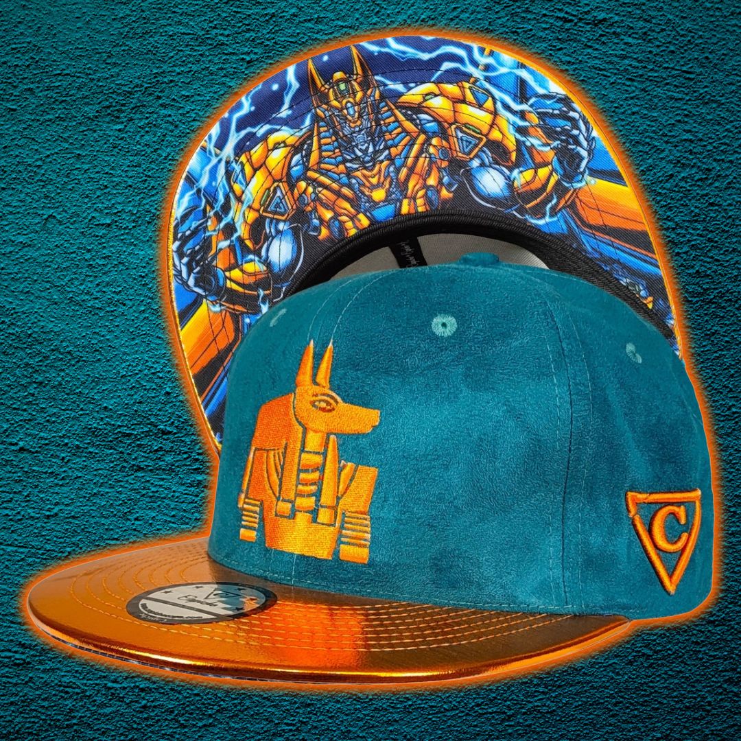 Robot Anubis 2.0 Snapback - Teal Blue Suede/Orange Crackling Metallic
