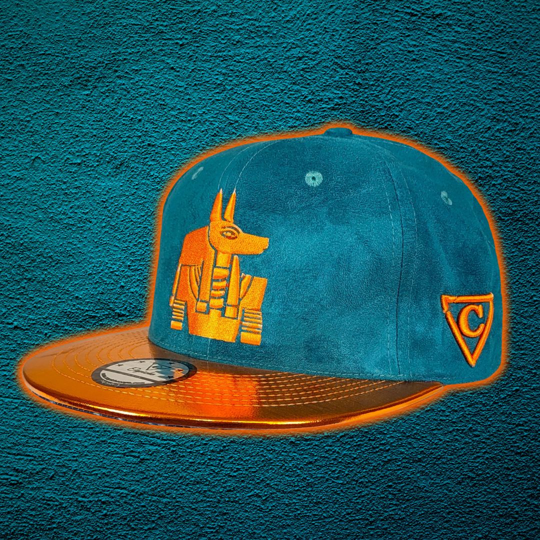 Robot Anubis 2.0 Snapback - Teal Blue Suede/Orange Crackling Metallic