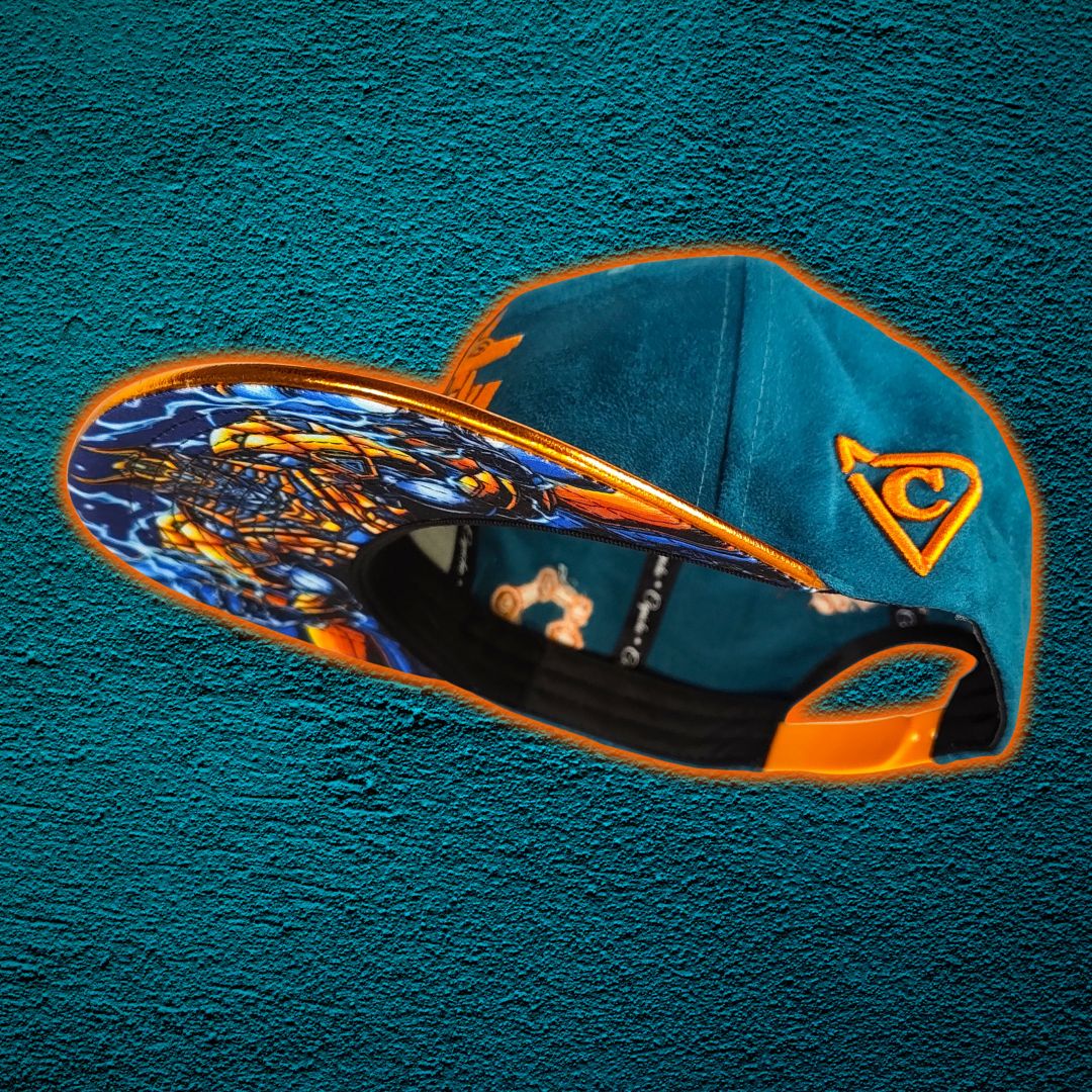 Robot Anubis 2.0 Snapback - Teal Blue Suede/Orange Crackling Metallic