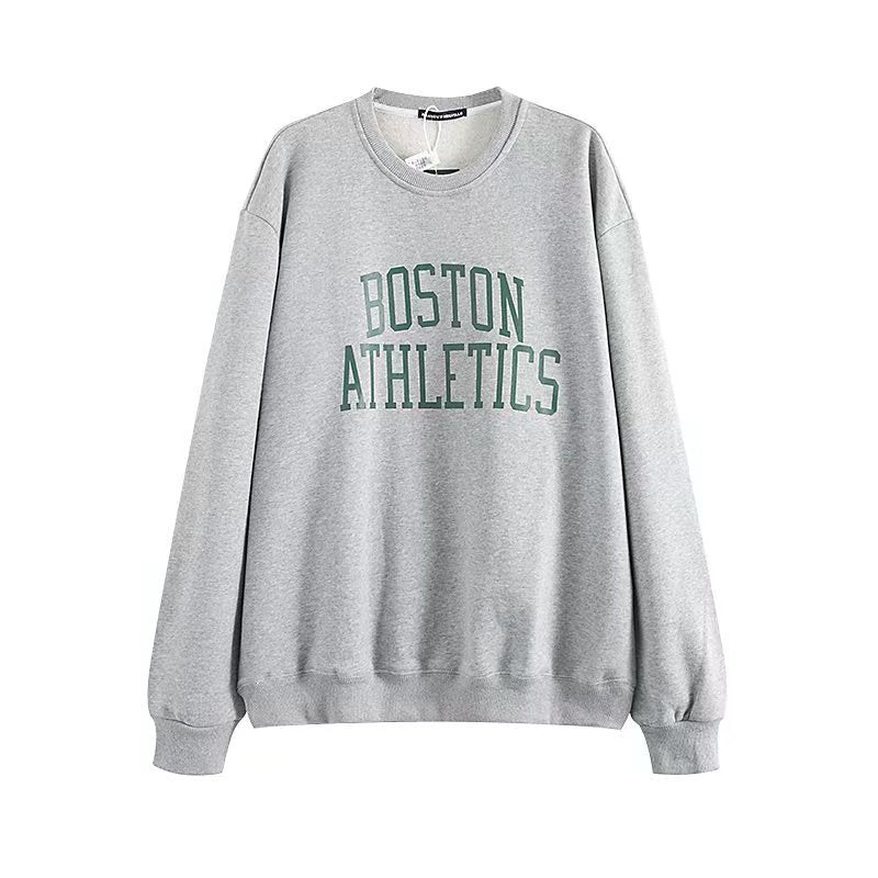 Fleece Boston Letters Print Cotton Pullover Sweatshirt